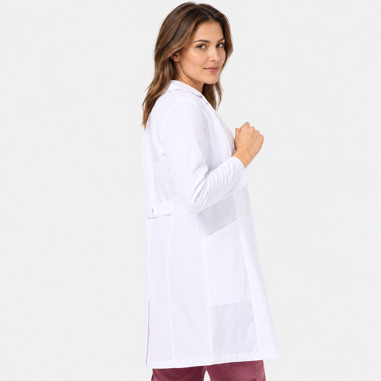 Bata médica de mujer larga Mia, color blanco, lateral