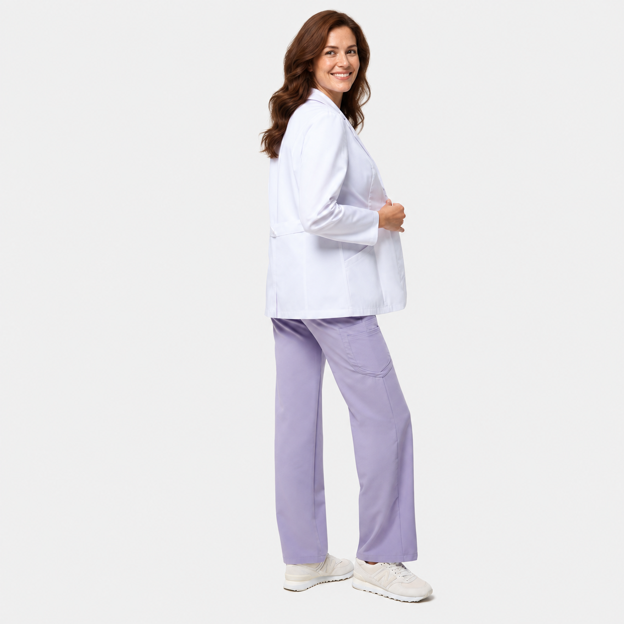Bata médica de mujer corta Nora, color blanco, espalda