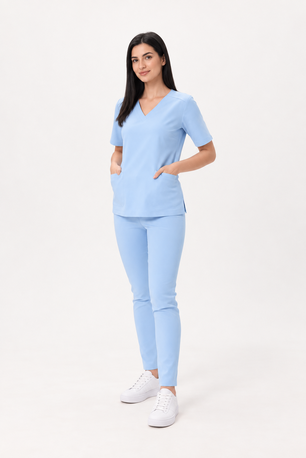 Pantalón médico de mujer skinny Ella, color azul pastel, frente