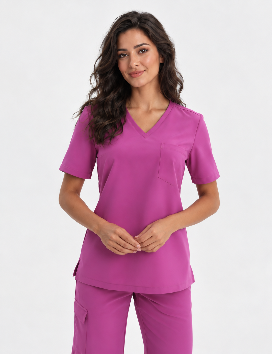 Blusa médica de mujer cuello en V Aura, color amaranto, frente