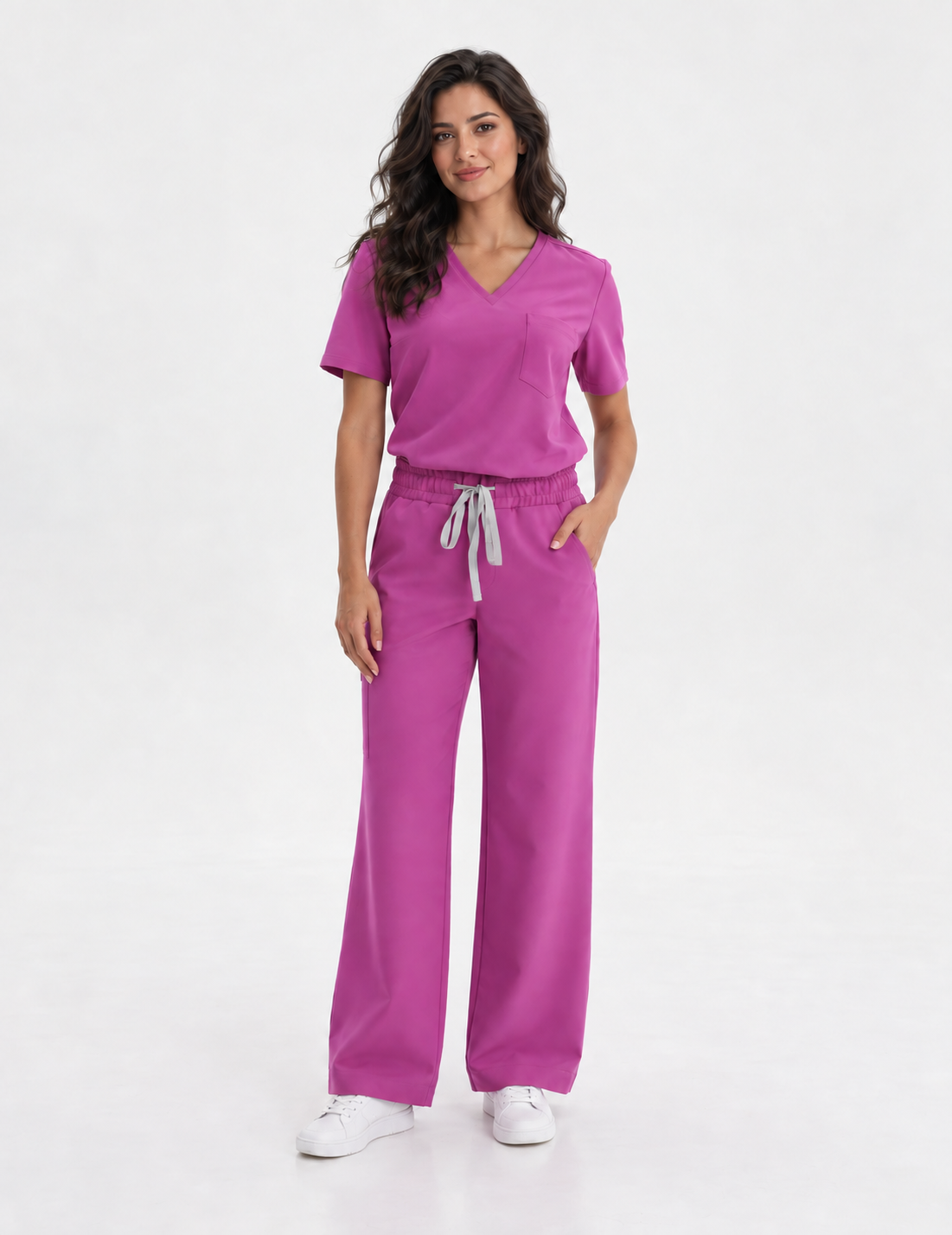 Blusa médica de mujer cuello en V Aura, color amaranto, frente