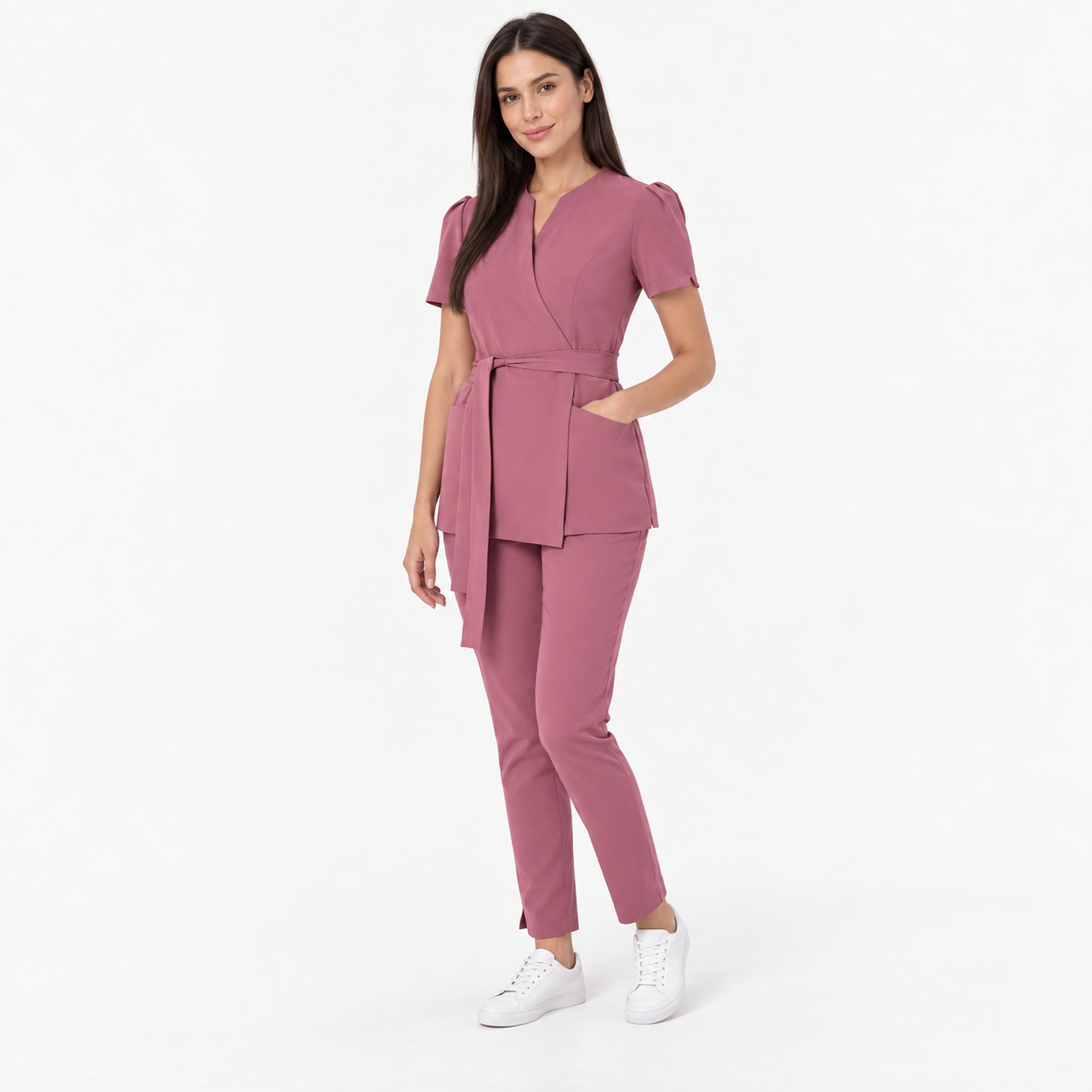 Túnica médica de mujer cruzada Cleo, color rosa viejo, tres cuartos