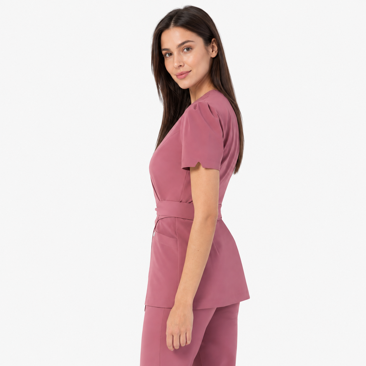 Túnica médica de mujer cruzada Cleo, color rosa viejo, lateral
