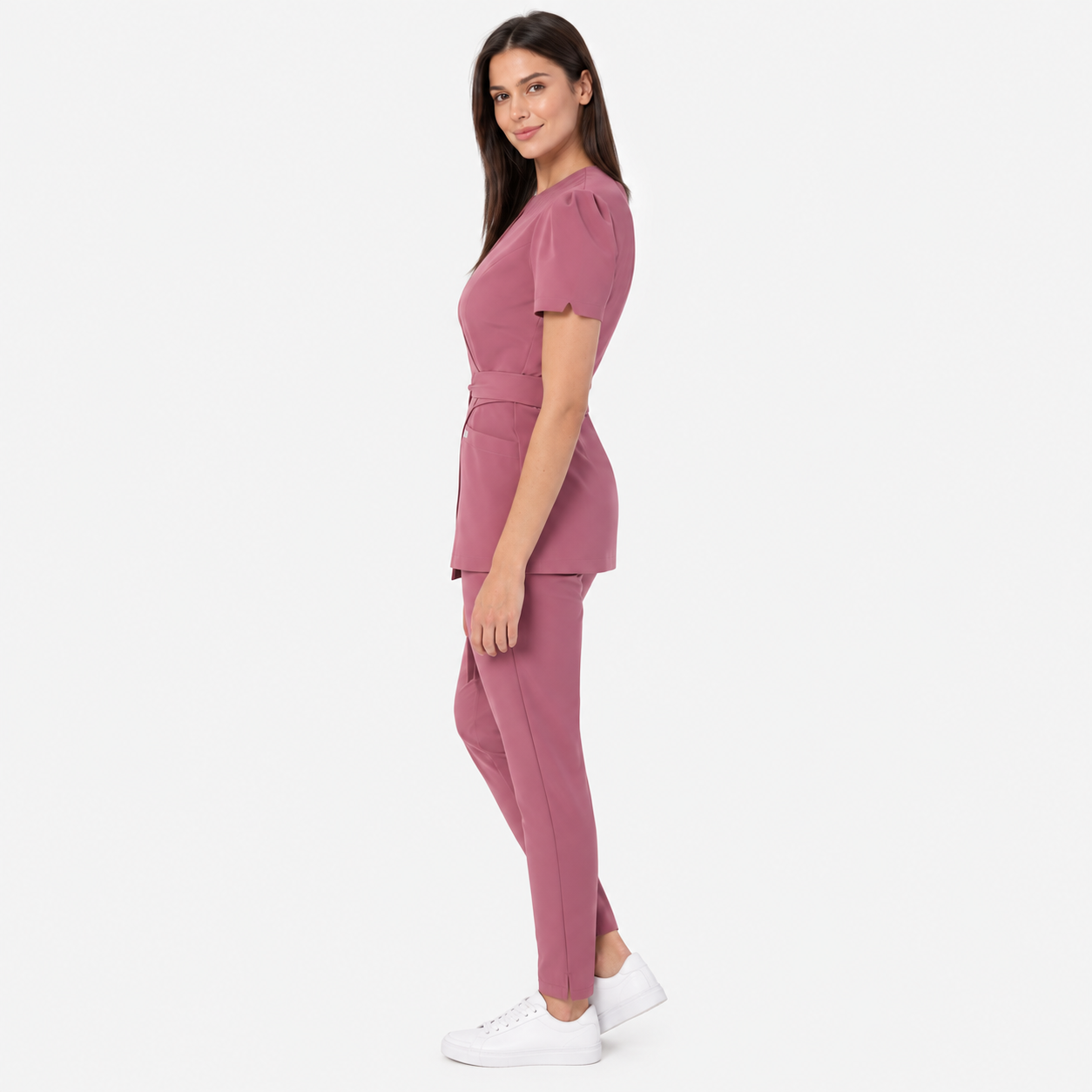 Túnica médica de mujer cruzada Cleo, color rosa viejo, lateral