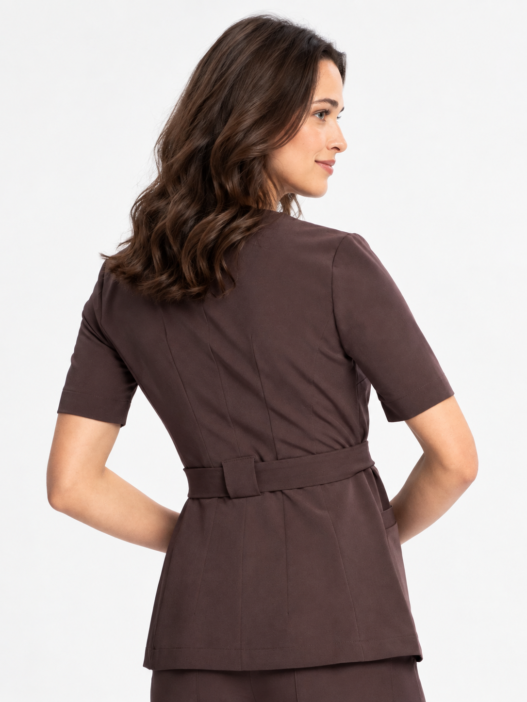 Túnica médica de mujer cruzada Emma, color chocolate oscuro, espalda