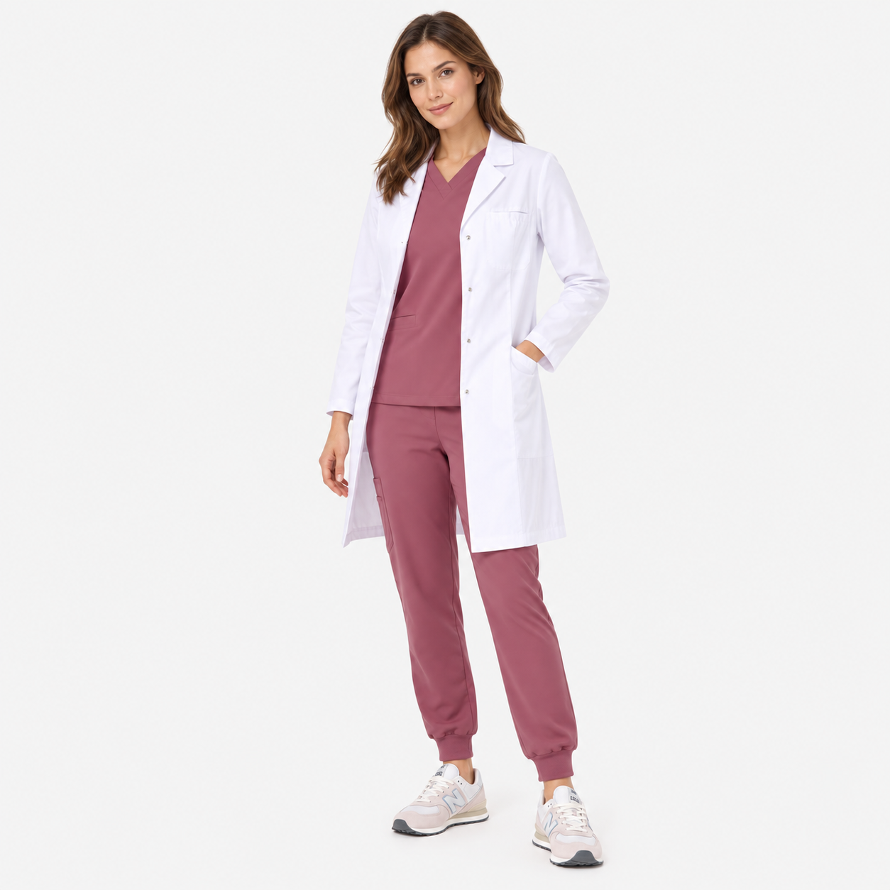 Bata médica de mujer larga Mia, color blanco, frente