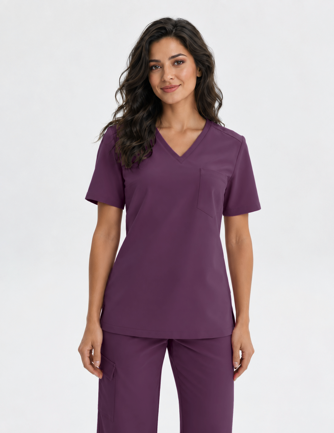 Blusa médica de mujer cuello en V Aura, color berenjena, frente