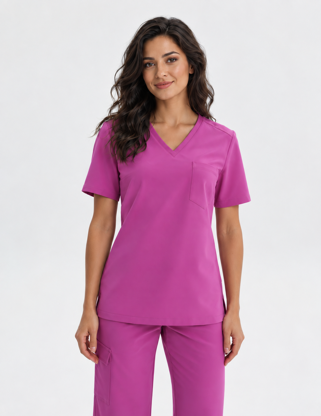 Blusa médica de mujer cuello en V Aura, color amaranto, frente
