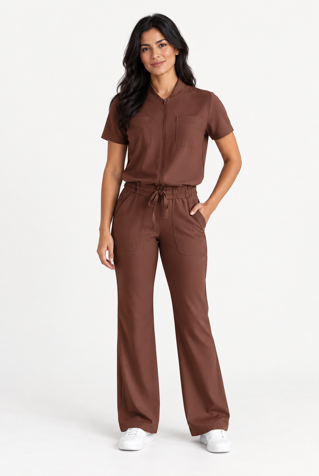 Blusa médica de mujer con bolsillo Lea, color chocolate, frente