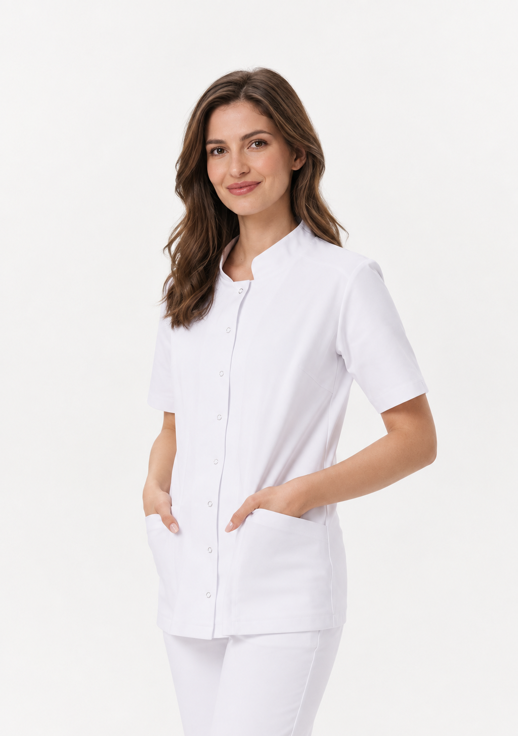 Túnica médica de mujer con broches Siena, color blanco, frente