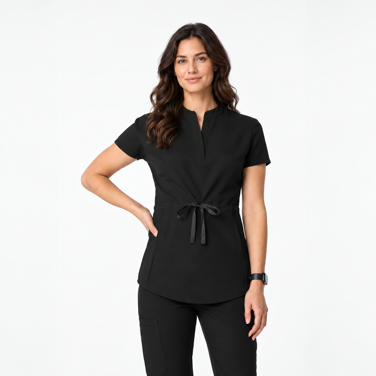 Blusa médica de mujer cuello mao Zoja, color negro, frente