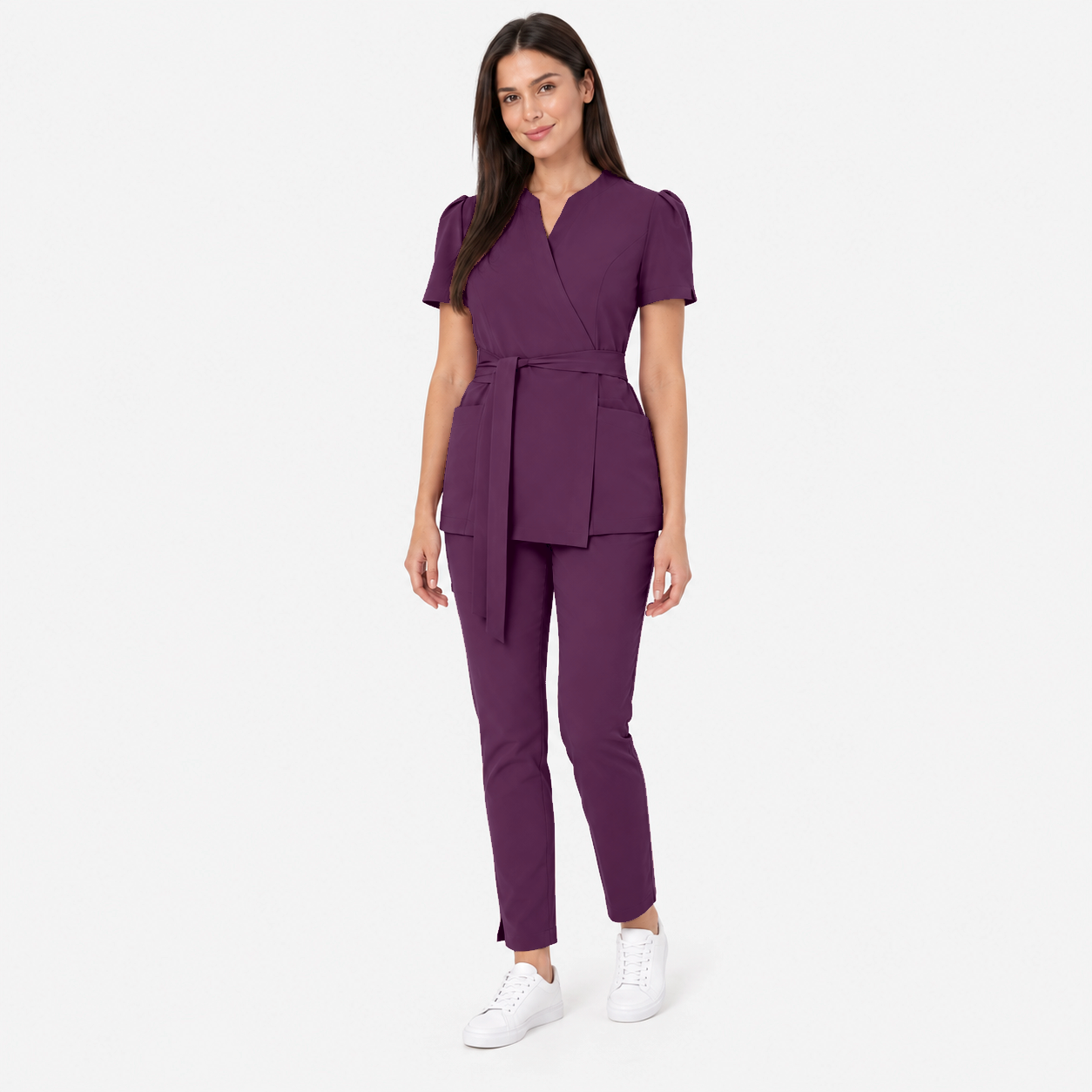 Túnica médica de mujer cruzada Cleo, color berenjena, frente